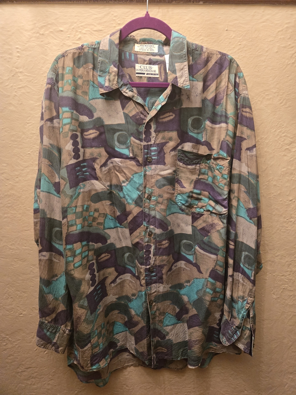 Vintage 100% Silk Abstract Button Up L Club International 90s Oversized